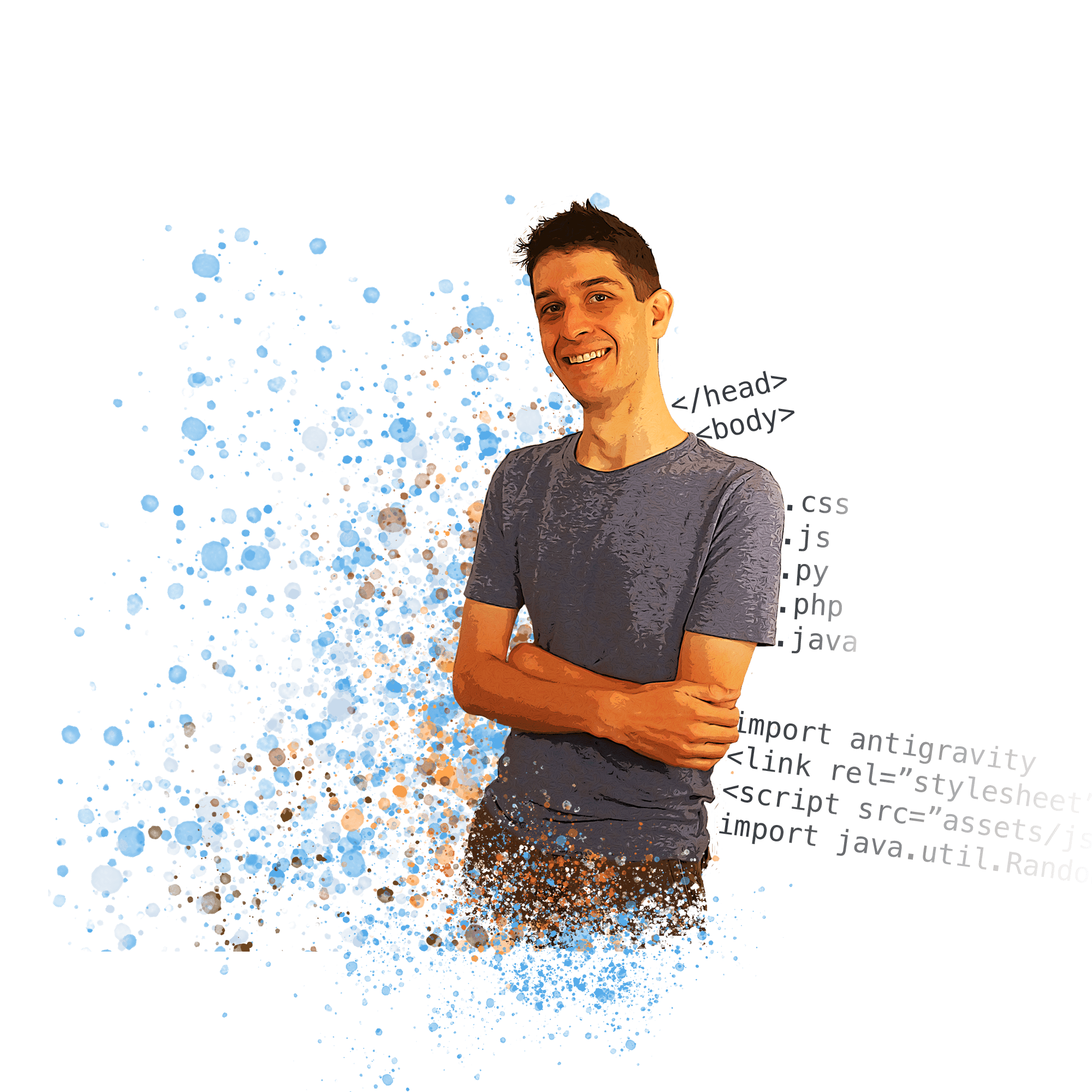 Image of Aaron Medlock, a Sacramento Developer and Designer with paint splatter and code in background